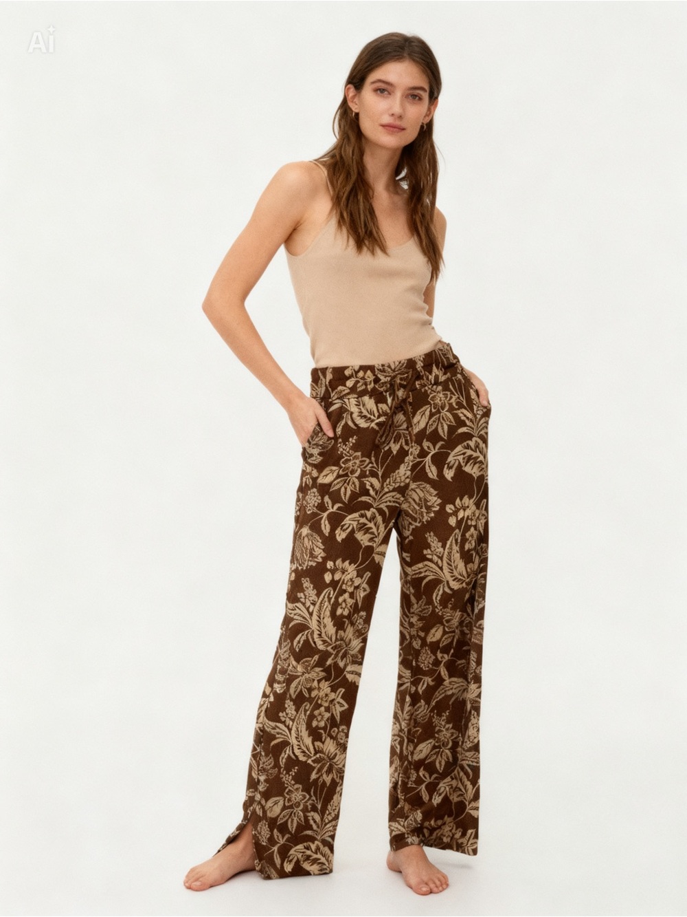 NWT! Love Poem Wide-Leg Floral Print Pants in Brown and Cream
